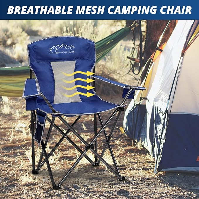Mesh Folding Camping Chairs Oversized Portable Outdoor Chairs Weight Capacity 325 lbs with Cup Holder Storage Pocket Carry Bag Blue