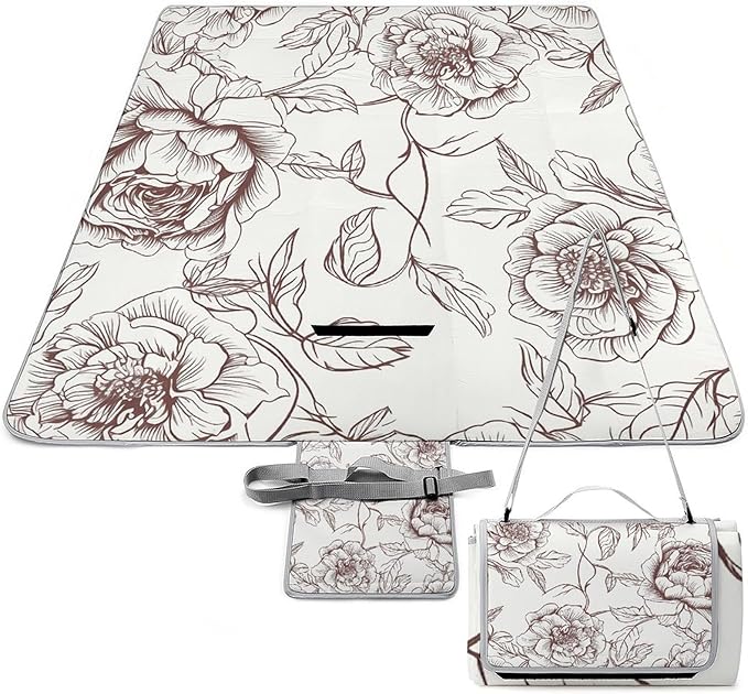 Line Floral Rose Flowers Design2 Beach BlanketPortable Waterproof Picnic Blanket58.3''x 58.3'' Extra Large Picnic Mat for BeachCamping Grass Lawn Park Accessorie for Festival BBQ