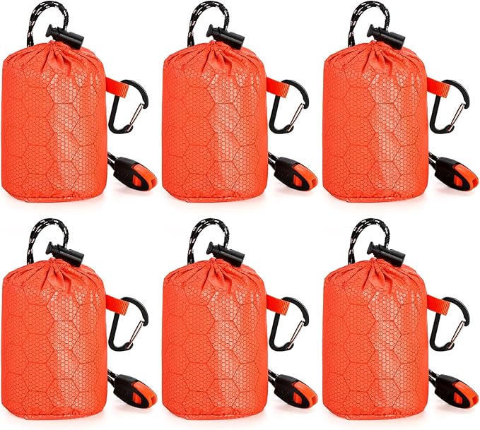 6 Pack Emergency Survival Sleeping Bags Thermal Bivy Sack Blanket Lightweight Portable Nylon Sack with Whistle Aluminized PE Survival Gear Supplies for Camping Hiking Outdoor Adventure