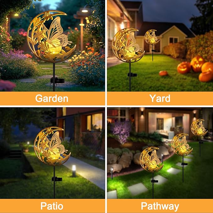 ShangTianFeng Butterfly Lights Outdoor Decor - Moon &amp Bird SolaGardenLights Waterproof Auto On/Off Pathway Lighting for Yard/Lawn/Patio Handcrafted Metal Solar-Stake-Lights for Outside Decoratio