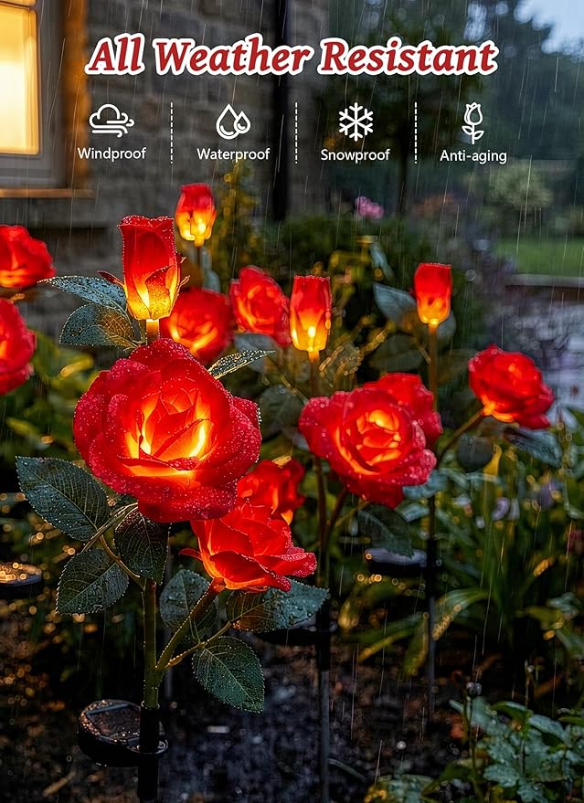 Brightown Outdoor Solar Flower Lights 4 Pack Solar Garden Light with Larger &amp More Realistic Red Rose Bigger Solar Panel Waterproof Solar Lights Outdoor for Yard Garden Lawn Pathway Decoration