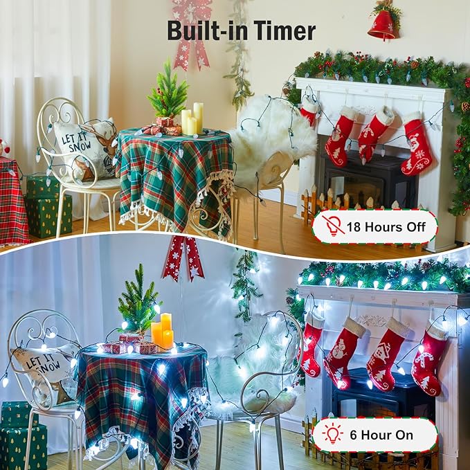 Minetom C9 LED Christmas Lights Outdoor 81FT 100 LED C9 String Lights Waterproof Connectable 8 Modes with Timer &amp Memory Function for Tree Home Yard Party Indoor Outside Cool White