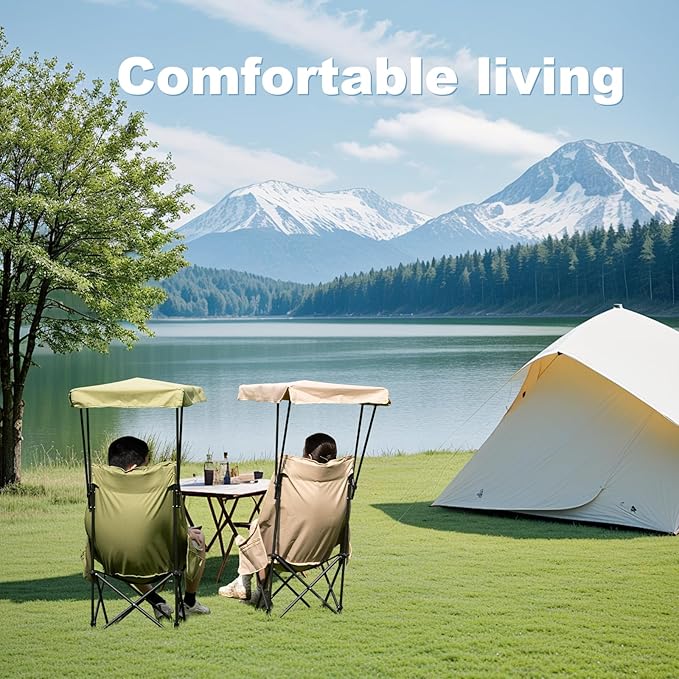 YOUNG WOOD Camping Chair with Canopy Beach Chair with Shade Portable Fold Lightweight Oversized Suit for All Easy to Open Without Installation Side Pocket Design for All Outdoor ActivitiesKhaki