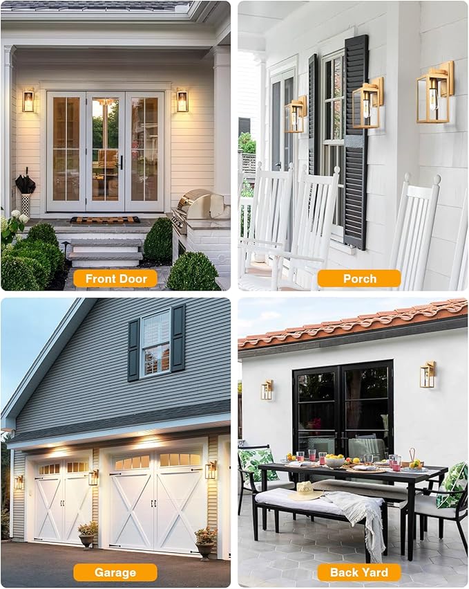 VIANIS Gold Outdoor Wall Lights 2 Pack Waterproof Outdoor Porch Lights Anti-Rust Porch Lights Outdoor Outdoor Light Fixture for House Garage Doorway Garden Tempered Glass E26 Socket