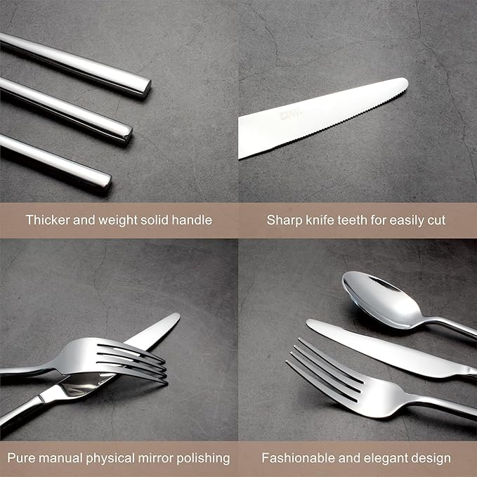 Silverware Set 20-Piece Flatware Cutlery Set Service for 4 Heavy Duty Titanium Coating Modern Design 18/0 Stainless Steel Utensils Dishwasher Safe