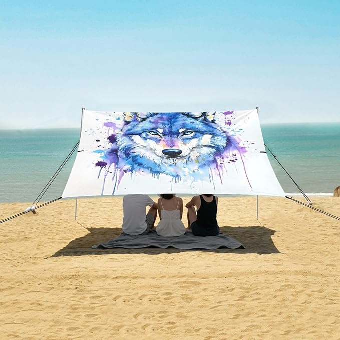 ALAZA Watercolor Wolf Head Art Beach Tent Sun Shelter UPF50+ Protection Beach Shade Canopy w/ 4 Sandbags for Outdoor Camping Fishing Backyard Fun Picnic 10x9 ft