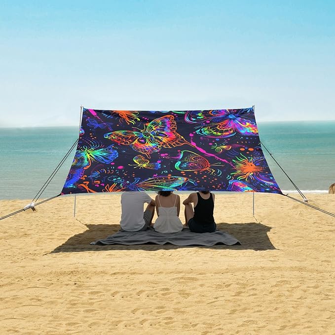 ALAZA Neon Line Butterfly Beach Tent Sun Shelter UPF50+ Protection Beach Shade Canopy w/ 4 Sandbags for Outdoor Camping Fishing Backyard Fun Picnic 10x9 ft