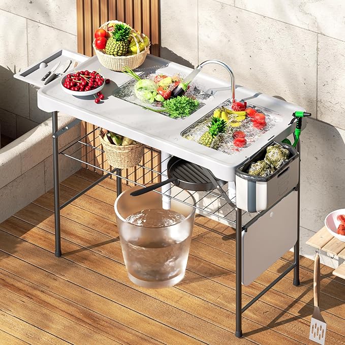 MoNiBloom Folding Fish Cleaning Table with Double Sink Portable Camping Outdoor Heavy-Duty Fillet Station with Faucet Drainage Hose Sprayer and Knife for Picnic Fishing Garden Patio Beach White