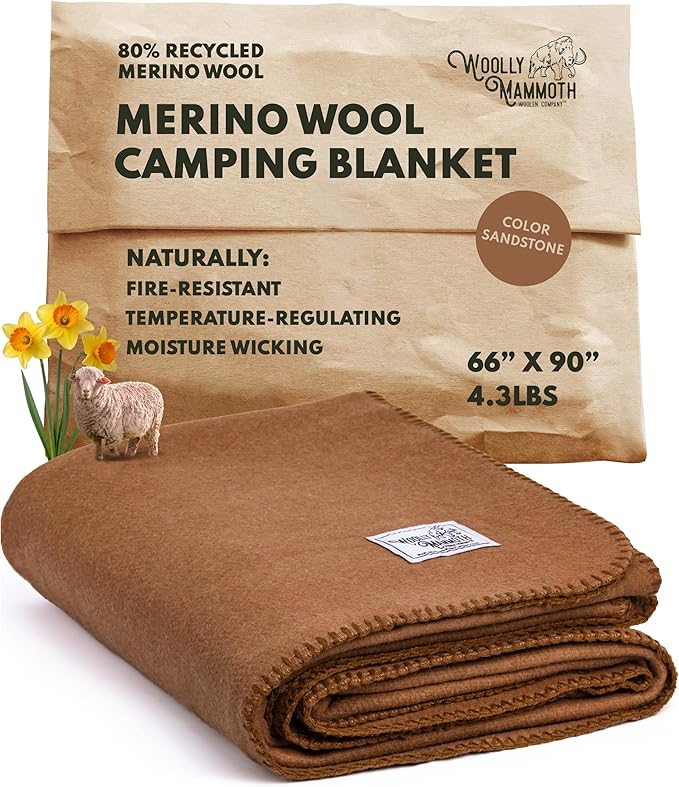 Woolly Mammoth Woolen Company Merino Wool Blanket - 80% Merino Wool - Camping Blankets for Cold Weather - Mositure-Wicking for Overlanding Hunting Emergency Kits Bushcraft (66 x 90 Sandstone)