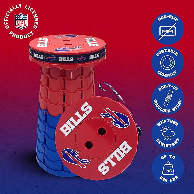 Sporticulture NFL Buffalo Bills Telescoping Collapsible Stool 500lbs Max Weight Portable Adjustable Height Folding Camping Stool with Carry Strap Retractable Stadium Have A Seat Outdoor Sports Fan