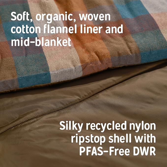 Kelty Wayback Flannel Lined Sleeping Bag Built in Blanket Traditional Rectangle Shape Organic Flannel Cotton Liner Dual Locking Slide Zips