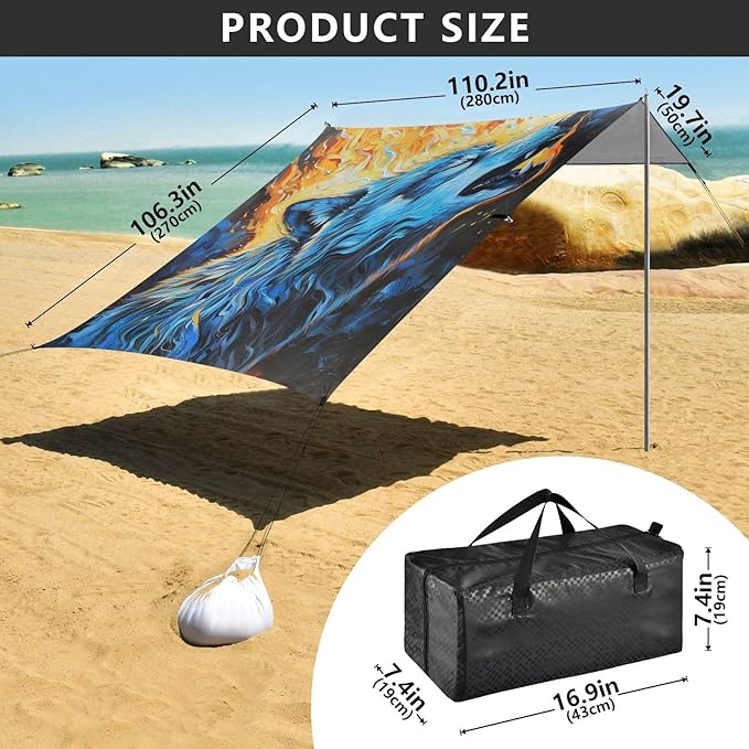 ALAZA Howling Wolf Fire Painting Beach Tent Sun Shelter UPF50+ Protection Beach Shade Canopy w/ 4 Sandbags for Outdoor Camping Fishing Backyard Fun Picnic 10x9 ft