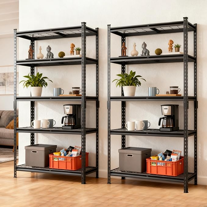 5-Tier Heavy-Duty Storage Shelves 2250 LBS Load Steel Shelving Unit Adjustable Boltless Garage Shelving Sturdy Organizer for Garage Kitchen Gym Shed (Black 2PCS 36''W x 18''D x 72''H)