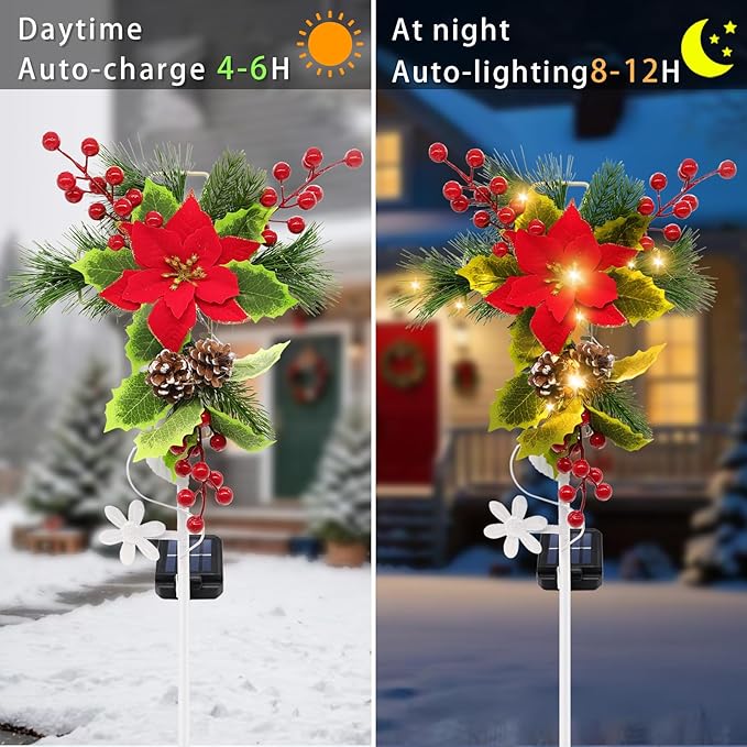 2 Pack Solar Christmas Decorations Outdoor 32 Inch Solar Christmas Cross Stake Lights Waterproof Grave Decorations with Poinsettia Flower Pinecones Red Berries for Garden Yard Patio Lawn Cemetery