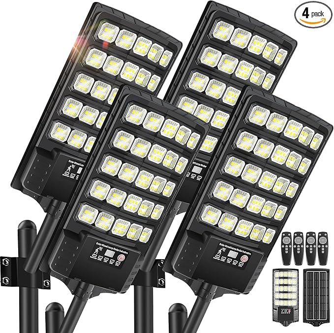 4Pack Solar Street Lights Outdoor Waterproof 30000LM 6500K LED Motion Sensor Lights Dusk to Dawn Solar Flood Light with Remote Solar-Powered Parking Lot Light Commercial Area Lighting for Outside