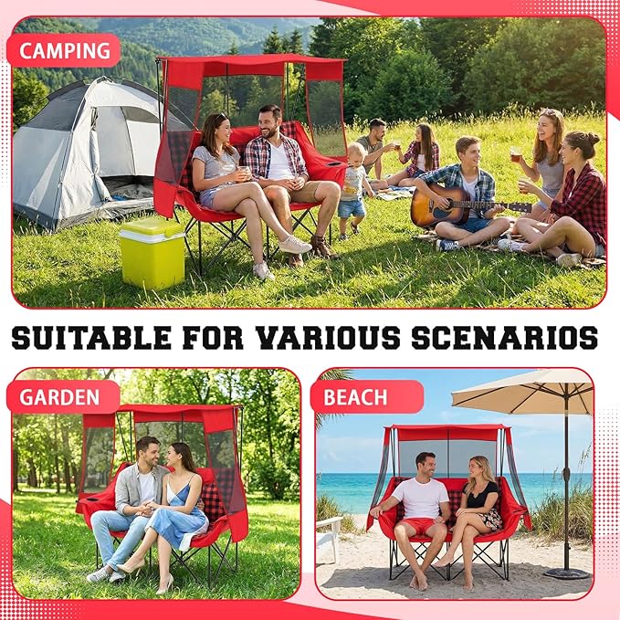 Double Camping Chair with Canopy Shade 660lbs Heavy Duty Beach Chair Portable Folding 2 Person Camping Loveseat with Cup Holder and Storage Bag for Lawn Beach Outdoor Sport(Red Plaid)