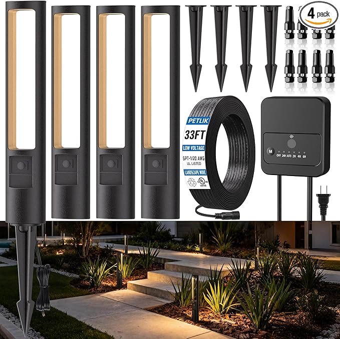 All-in-One Low Voltage Landscape Lighting Kit 4-Pack Pathway Lights with Transformer Dusk to Dawn Outdoor Lighting 5CCT IP66 Waterproof Landscape Lights with Connectors 100FT Wire for Patio