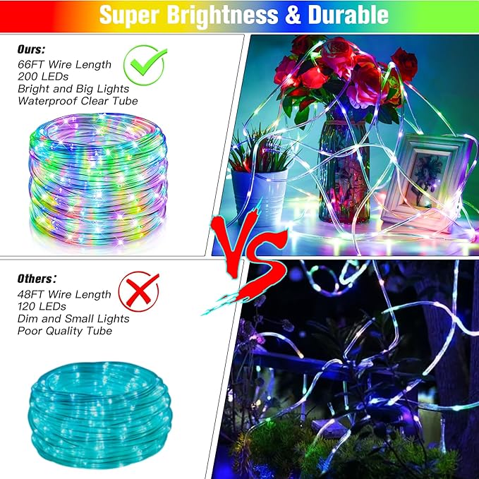 66Ft LED Rope Lights Outdoor 18 Colors Changing String Lights Plug in with Remotes Waterproof 200 LEDs Multicolor Fairy Light RGB Christmas Rope Lighting for Bedroom Garden Halloween Decor