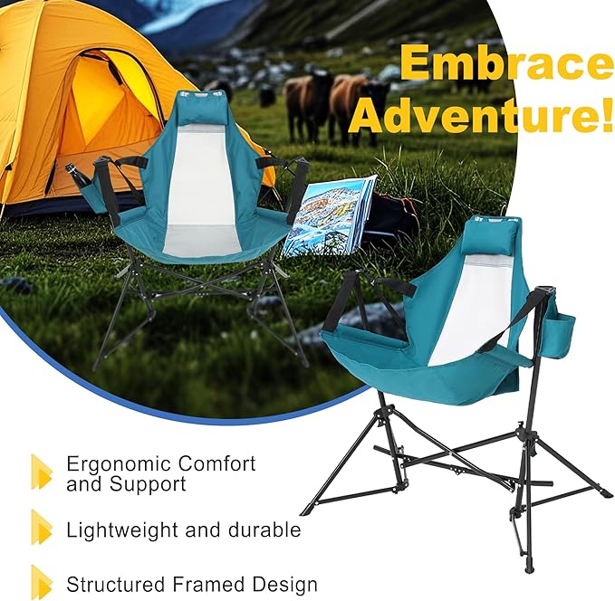 Hammock Camping Chair Portable Chairs with Pillow Cup Holder and Carry Bag Lightweight Foldable Chair for Outside Camping Hiking Travel Beach and Sports (Blue)
