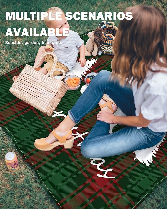 Beach Blanket Waterproof Sandproof Christmas Animal Polar Bear Tree White Shadow Quick Drying Beach Mat with 4 Stakes Green Red Buffalo Gingham Lightweight Picnic Blanket for Travel Camping 83x79