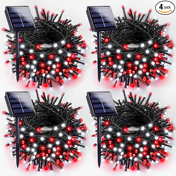4-pack Red and White Solar Christmas Lights Outdoor Waterproof 400LED 132FT Solar Powered LED String Lights Green Wire with 8 Modes Solar Fairy Lights for Xmas Tree Party Wedding Garden Fence Decor