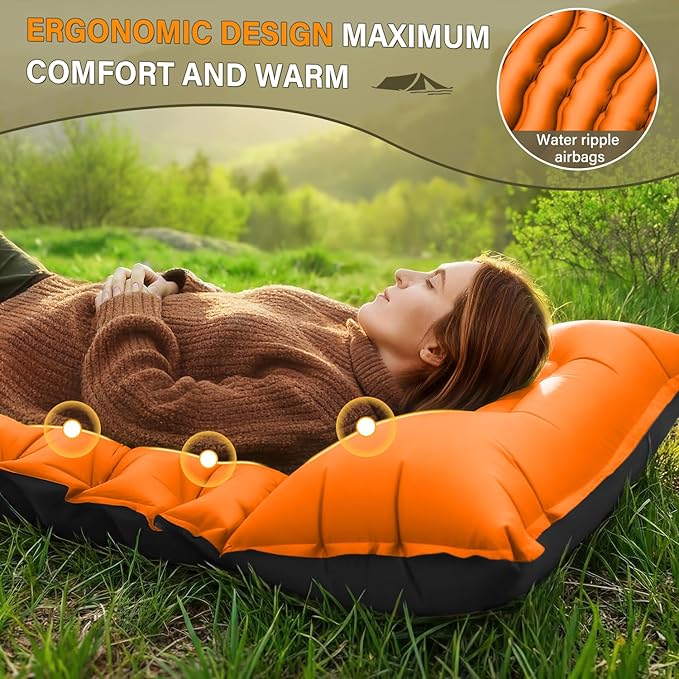 Camping Sleeping Pad Ultralight Camping Pad with Pillow Built-in Foot Pump Inflatable Sleeping Pads Compact for Camping Backpacking Hiking Traveling - Orange