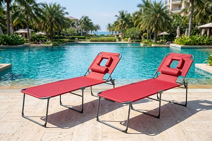 Tanning Chair with Face Hole Folding Beach Lounge Chair 5-Position Adjustable Backrest Face Down Chaise Lounge with Pillow and Side Pocket Portable for Poolside Patio Backyard Beach Red