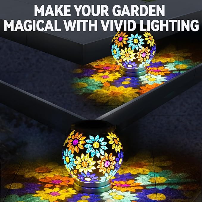 VOREEN Mosaic Solar Lanterns Handmade Outdoor Glass Hanging Lights Waterproof Solar Table Lamps Gift for Mom Wife Friend Decoration for Garden Patio Yard Party Balcony Floral Pattern