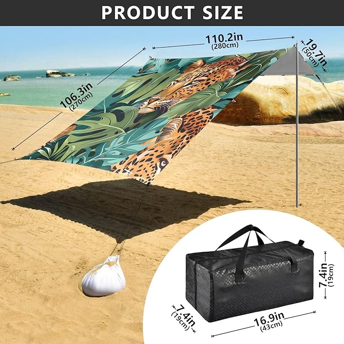 Leopard and Tropical Leaves Camping Sun Shelter Beach Tent Portable Beach Sun Shade Outdoor Canopy for Camping Trips Fishing Picnic