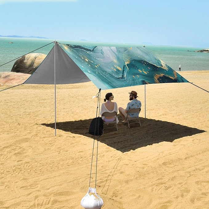 Abstract Turquoise Pattern Beach Tent Sun Shelter 9.2' x 10.5' Beach Canopy with 4 Sandbags 4 Stability Poles Sand Shovels - Tent Canopy for Beach Camping Fishing Picnics