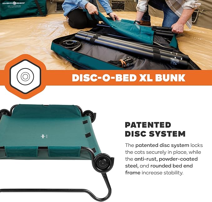 Disc-O-Bed Extra Large Portable Bunk Camping Cots with Carry Bags - Heavy-Duty Indoor or Outdoor Sleeping System Converts to Bench or Separate Beds 500 lb Weight Capacity Per Cot Green