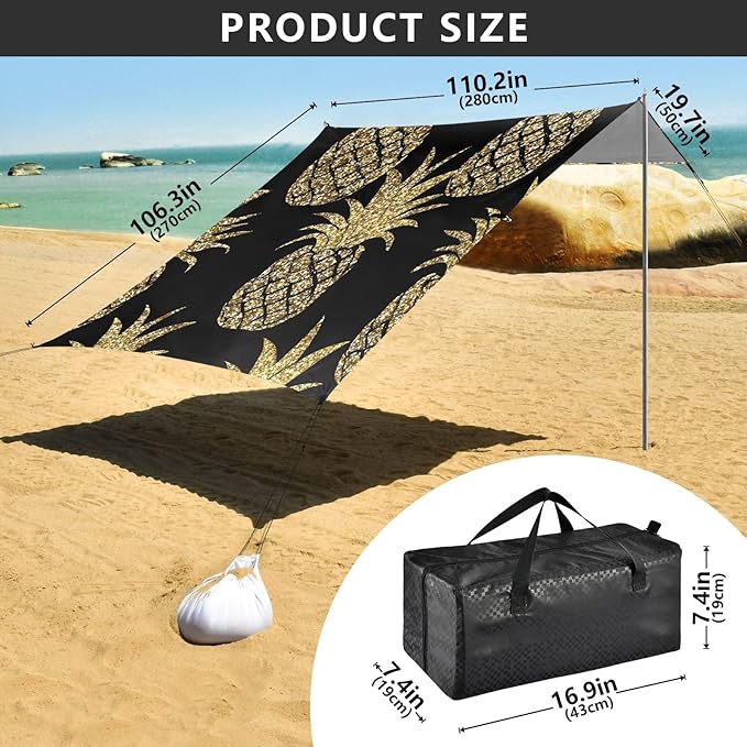 Beach Tent Sun Shelter Golden Shiny Pineapple Lightweight &amp Easy Setup Beach Shade Canopy for Camping Fishing