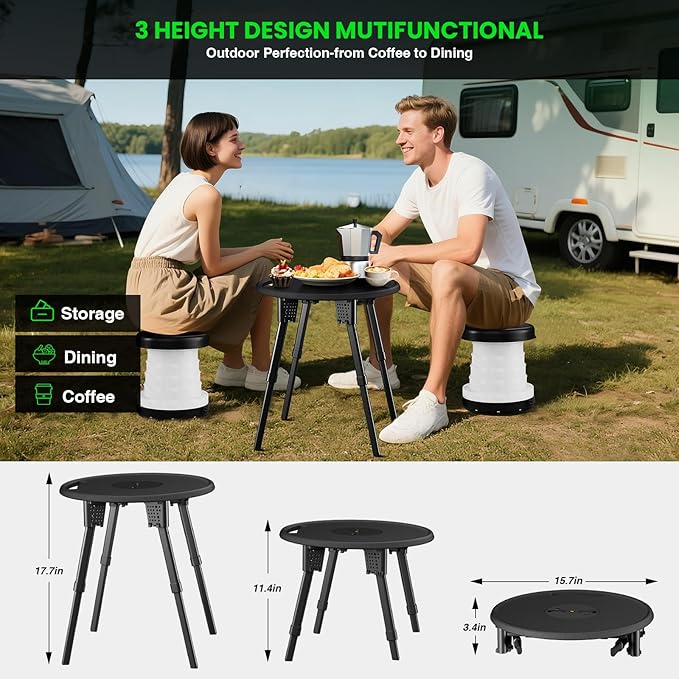 LED Camping Table Set with Stools 300lbs Capacity Adjustable Height Folding Table &amp Chairs All-in-One Compact Design for Outdoor Camping Picnic Tailgating