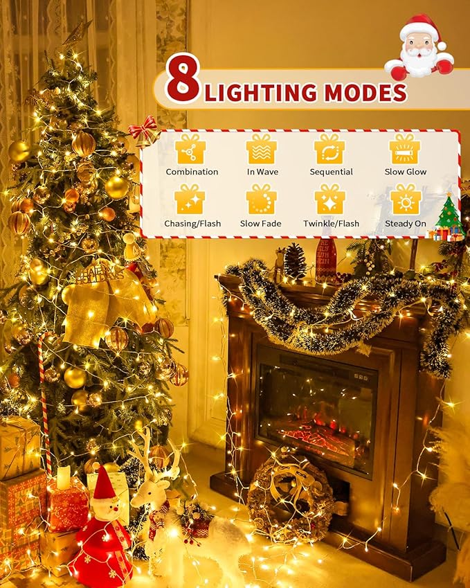 Christmas Lights String Outdoor Indoor Xmas Tree Decorations Lights Plug in Twinkle Fairy Light with Remote Timer Dimmable for Room Yard Holiday Party Wedding Decor (Warm White 108FT 300 LED)