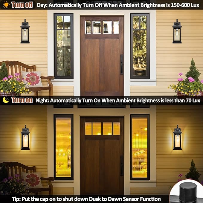 Dusk to Dawn Large Outdoor Wall Light 17 Inch Exterior Light Fixture Porch Light with Tempered Clear Glass IP65 Waterproof Anti-Rust Outside Wall Sconce Matte Black Wall Lantern 1-Pack