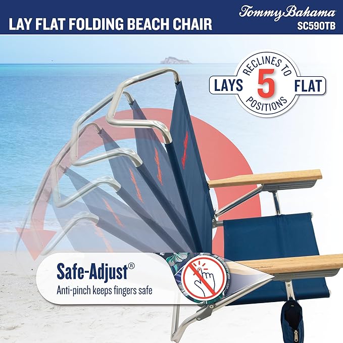 Tommy Bahama 5-Position Lay Flat Cup Holder and Towel Bar Beach Chair
