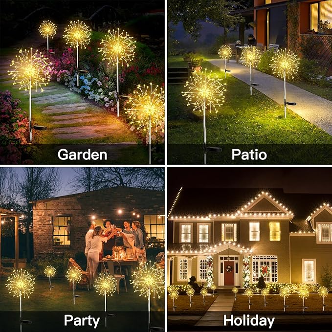 suddus Solar Garden Lights Outdoor Waterproof Decorative 2Pack 150LED Firework Lights Solar Fairy Lights for Yard Garden Party Patio Pathway Flowerbed - Warm White