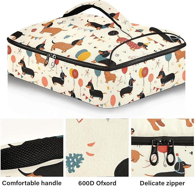 Casserole Carrier Lovely DachshundsInsulated Casserole Carrier for Hot or Cold Food Thermal Lunch Tote for Potluck Parties Picnic Beach Fits 9 x 13 Inches Baking Dish