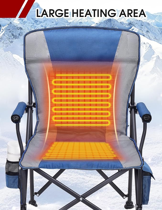 Heated Camping Chair for Adults Heats Back and Seat 3 Heat Levels Fully Padded Heated Folding Chair for Outdoor Sports with Cup Holder Rich Pockets Battery NOT Included