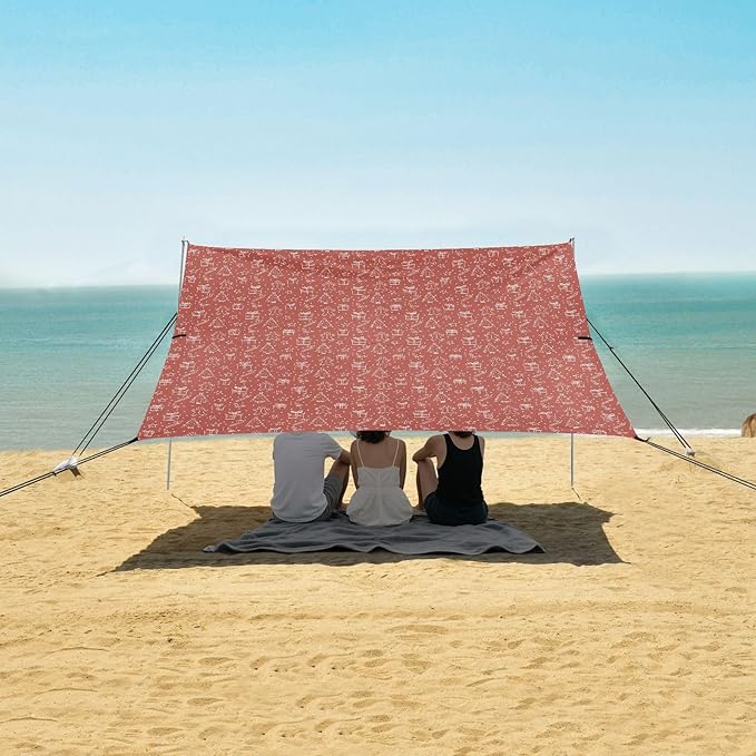 Red White Hand Drawn Christmas Elements Foldable Beach Cabana UPF50+ Protection Lightweight Large Portable Sun Shelter Includes Sand Shovel Sandbags Stability Poles for Camping Trips Fishing