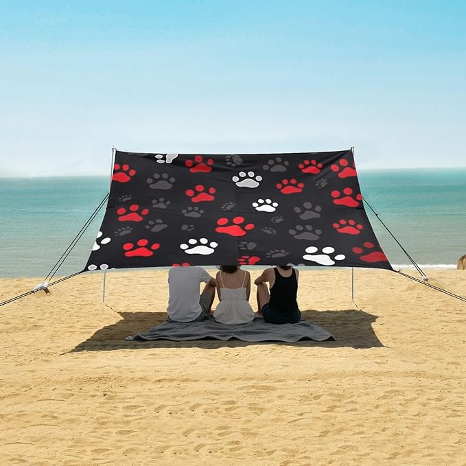 Camping Sun Shelters Red White Grey Dog Paw Prints Beach Canopy 126 * 110.2in