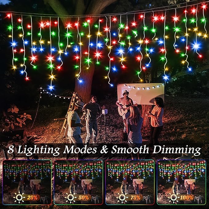 131FT 1280 LED Icicle Outdoor String Lights Multicolor - Waterproof Christmas Curtain Lights 8 Modes Twinkle Function for Patio Wedding Holiday Party Decorations