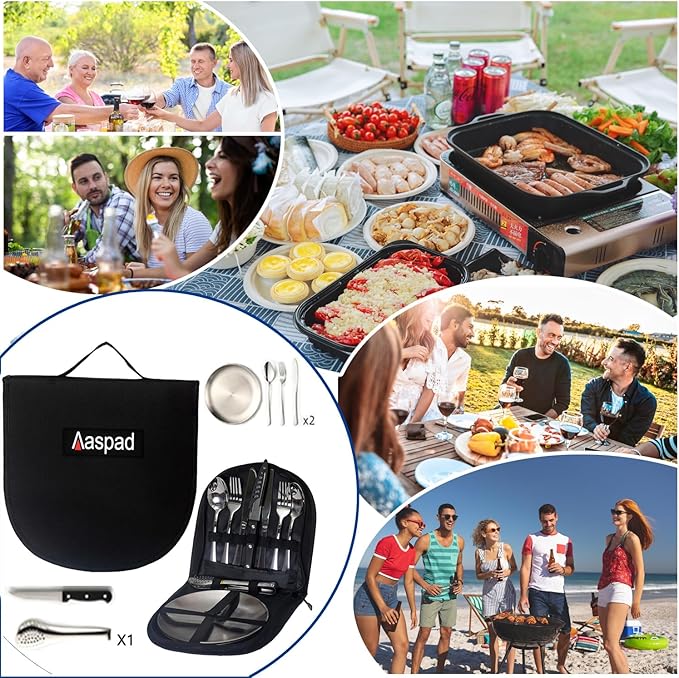 Full Size Stainless Steel Dishes &amp Utensils Sets Outdoor Camping Mess Kits Flatware Picnic Silverware Cutlery Kits Carrier Case Packed of 2 Forks2 Spoons1 Serrated Knife1 Food Clip2 Plates