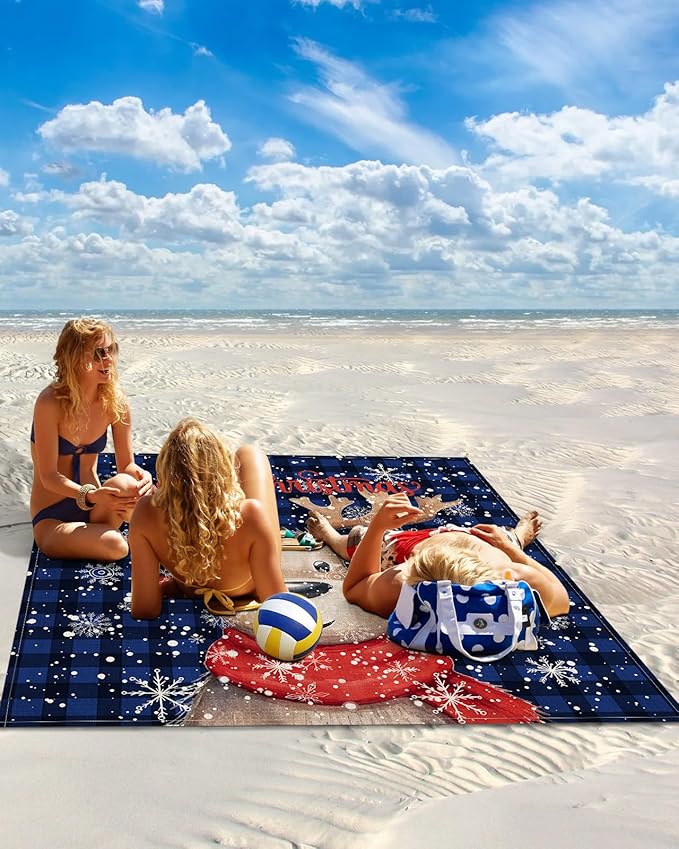 Beach Blanket Waterproof Sandproof Reindeer Xmas Ball Winter Snowflakes Quick Drying Beach Mat with 4 Stakes Blue Black Buffalo Check Lightweight Picnic Blanket for Travel Camping Outdoor 83x79