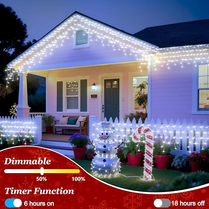612 LED String lights Indoor Outdoor 60ft Christmas Window Lights with 136 Drops 12 Modes Dimmable Curtain Lights Fairy Lights for Bedroom Holiday Wedding Party Home Xmas Decorations Cool White