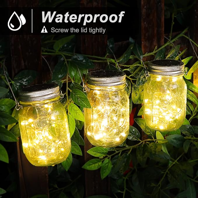 Mlambert Mason Jar Solar Lights -30 LED 6 Pack Hanging Solar Lanterns Outdoor Waterproof Fairy Lights for Patio Garden Warm White