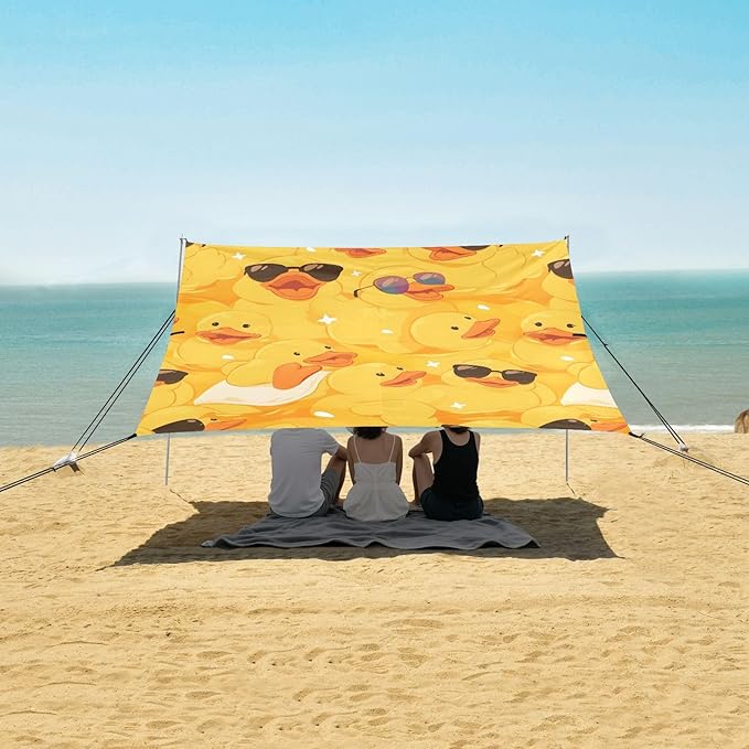 ALAZA Happy Yellow Duck W/Sunglasses Beach Tent Sun Shelter UPF50+ Protection Beach Shade Canopy w/ 4 Sandbags for Outdoor Camping Fishing Backyard Fun Picnic 10x9 ft