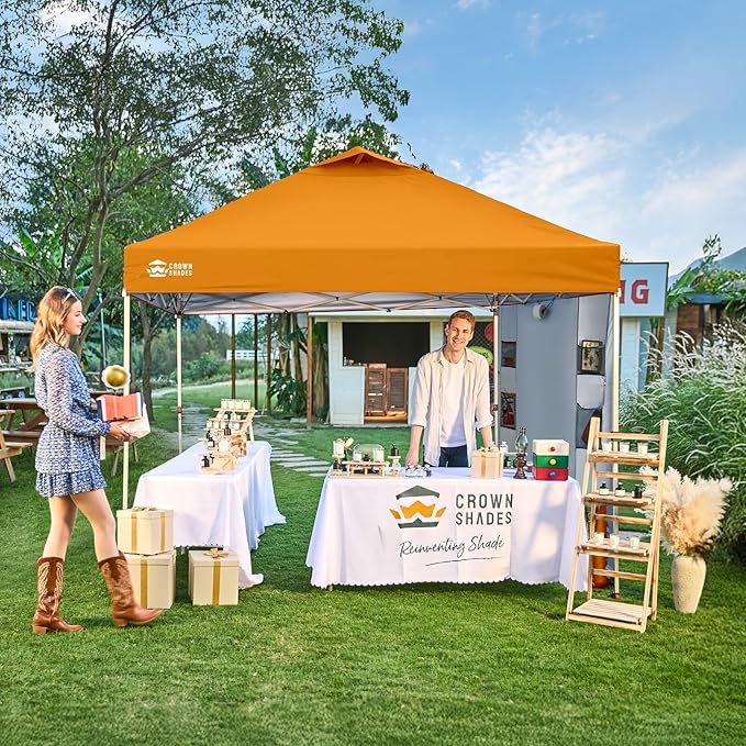 CROWN SHADES Canopy Tent 10 x 10 Foot Portable Pop Up Outdoor Shelter with Pocket Sidewall Push Center Lock UV Protection and Carry Bag Orange
