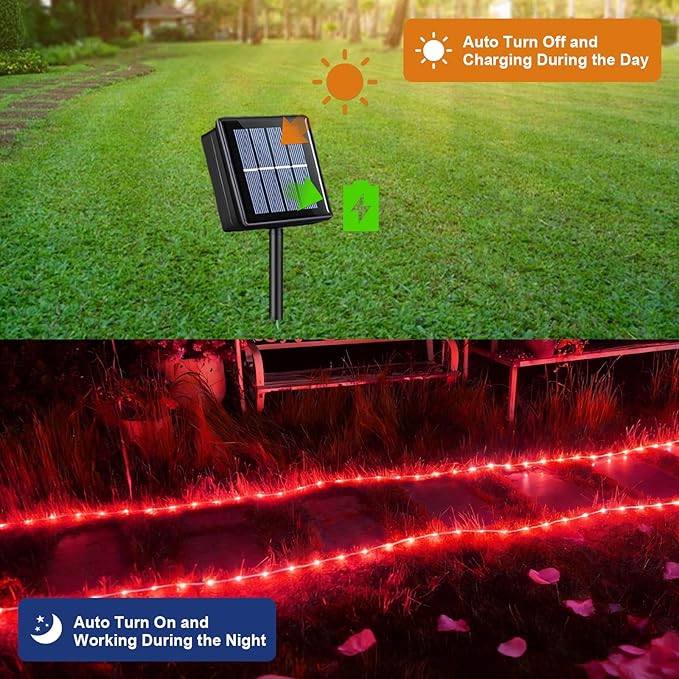 QITONG Red Solar Rope Lights Outdoor 2 Pack Each 33ft 100LED String Light 8 Modes Fairy Lights in Clear Thin Tube with 8 Modes