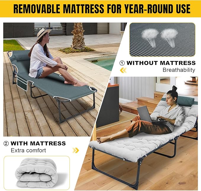 YELLOW JACKET Folding Camping Cot for Adults Adjustable 5-Position Portable Sleeping Cot Bed with Pillow and Removable Mattress Reclining Foldable Camp Cots for OutdoorHomeBeachPatioGrey